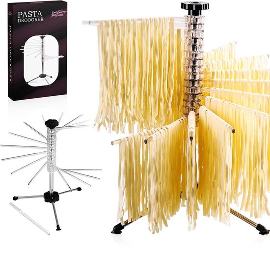Pastadroogrek van Everybody's Essentials met 16 droogarmen vol verse pasta, met doos. Op de voorgrond een uitklapbaar model.