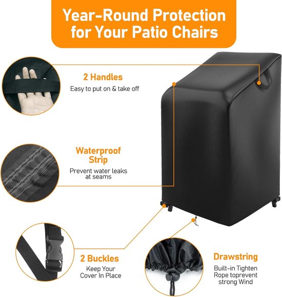 Zwarte stoelhoes met 'Year-Round Protection' tekst, toont handvatten, waterdichte strip en gespen.