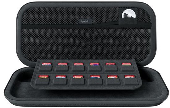 Zwarte beschermhoes voor Nintendo Switch, opengeklapt met vakken voor 12 gamecards en een mesh opbergvak.