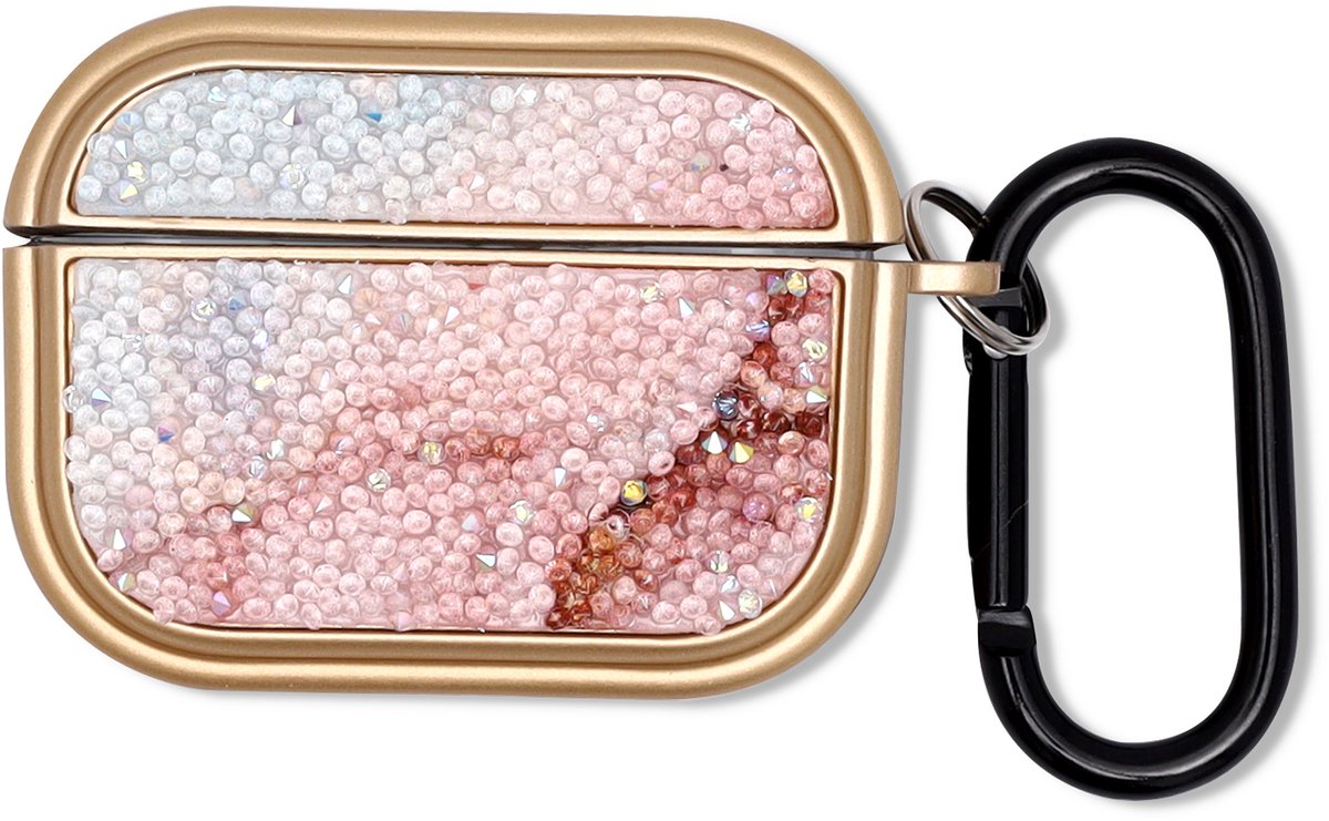 Casemania Hoesje Geschikt voor Apple AirPods Pro & Pro 2 - Goud - Diamant Marmer Glitter Cover met Ring en Sleutelhanger