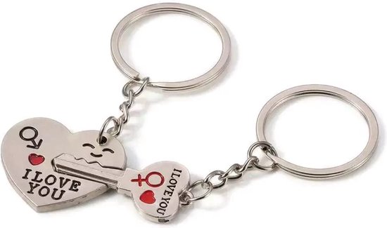 Scoby – Ensemble de porte-clés – Cœur et clé – Je t'aime – Porte-clés couple – Métal – Argent