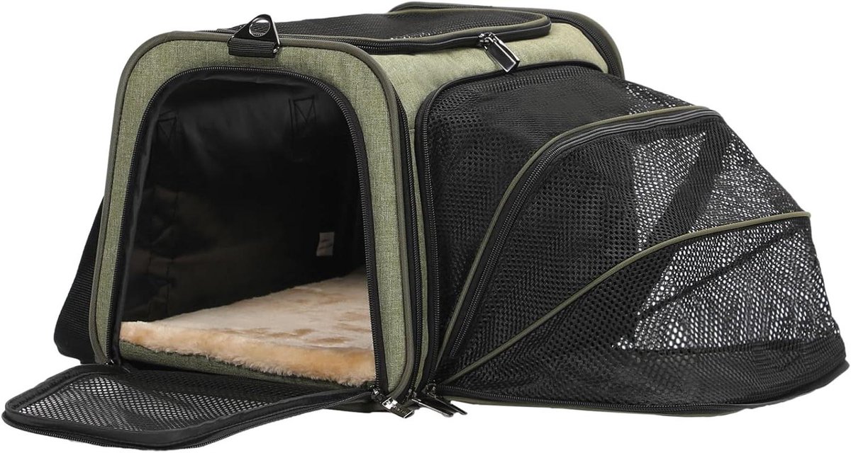 Foldable Transport Bag for Cats and Dogs - Expandable Fly Bag - Oxford Fabric - Shoulder Strap - Size L - One Sided Green
