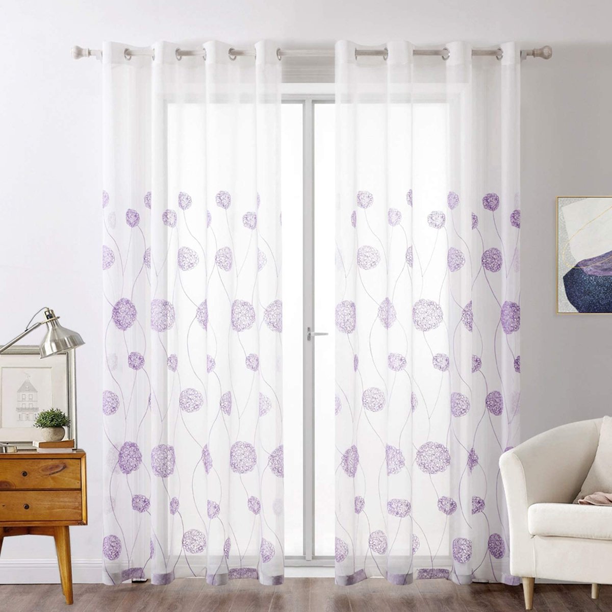 Ibenzoa Transparante Gordijnen met Florale Borduursels voor Woonkamer en Slaapkamer, 2-Delige Set lila