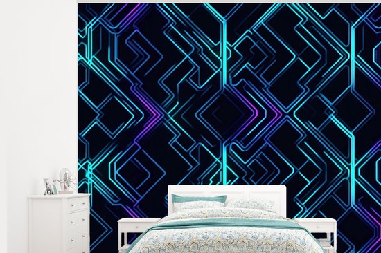 Behang - Fotobehang Gaming - Ruitvormen - Abstract - Neon - Paars - Breedte 375 cm x hoogte 300 cm