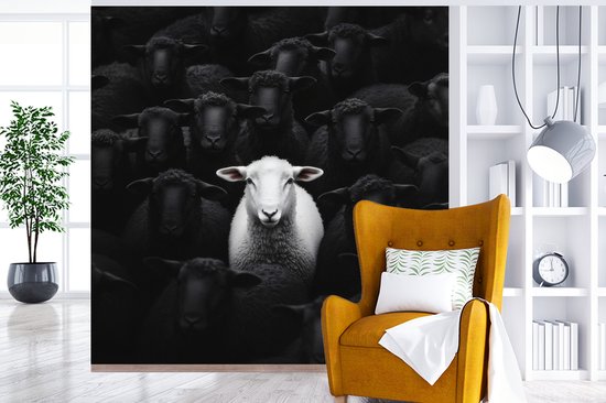 Behang - Fotobehang Schapen - Wit - Duisternis - Breedte 300 cm x hoogte 300 cm