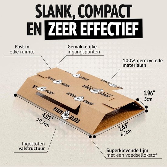 Bruine, gevouwen kokerval met afmetingen 10,2 cm x 6,7 cm x 5 cm. Tekst "SLANK, COMPACT EN ZEER EFFECTIEF".