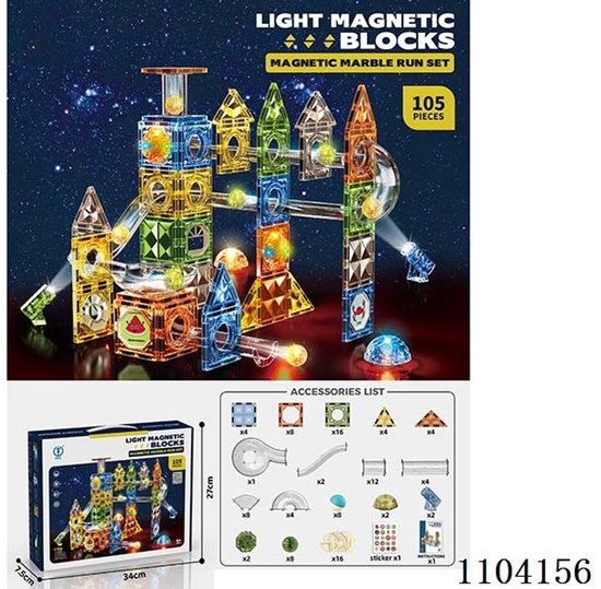 Magnetic Tiles - Knikkerbaan met Discobal en Lichteffect – 105 delig - Magnetische Bouwblokken