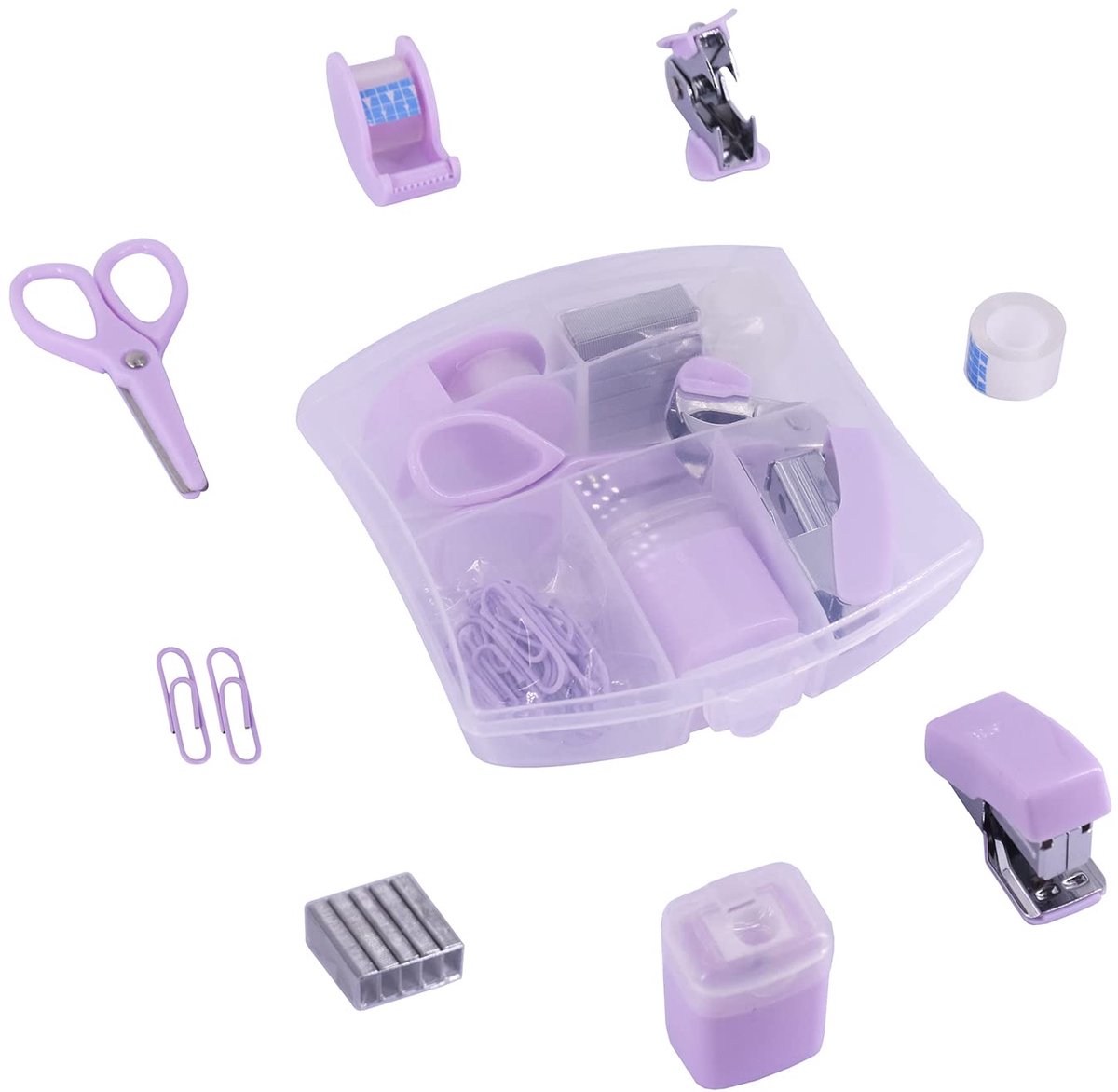 Ibenzoa® Complete Mini Kantoorbenodigdheden Set met Nietmachine, Schaar, Verwijderaar, Nietjes en Tapehouder in Paars