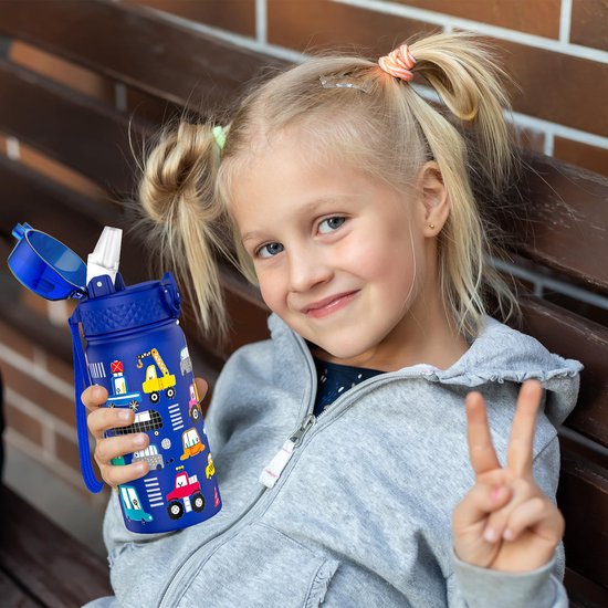 Ibenzoa® Roestvrijstalen kinderdrinkfles met rietje en lekvrij deksel, 420 ml, BPA-vrij, ideaal voor sport