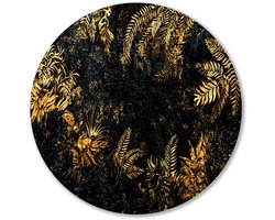 Gouden bladeren op donkere muur - Planten wandcirkels - Rond wandpaneel bladeren - Art Deco - Schilderij forex - Wooninrichting met schilderijen - muurcirkel forex 70x70 cm