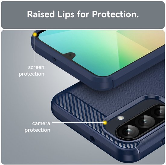 Detail van een blauw hoesje, met verhoogde randen voor scherm- en cameraprotectie.