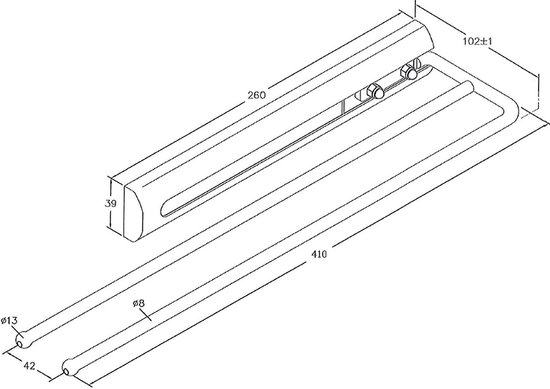 Technische tekening van een chroom handdoekrek met afmetingen.