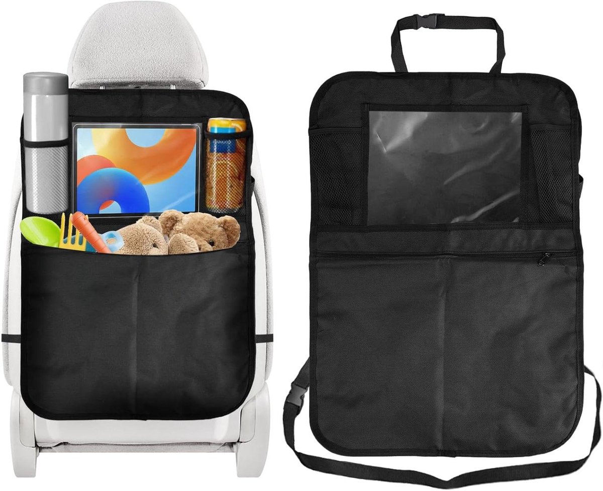 Allecto Plus - Auto Stoel Organizer Rugleuningbeschermer voor Kinderen 62x42cm Zwart Waterdicht Oxford Doek Auto Stoel Organizer Rugleuningbescherming voor Auto voor iPad Tablet Speelgoed Boeken Flessen Kinderen