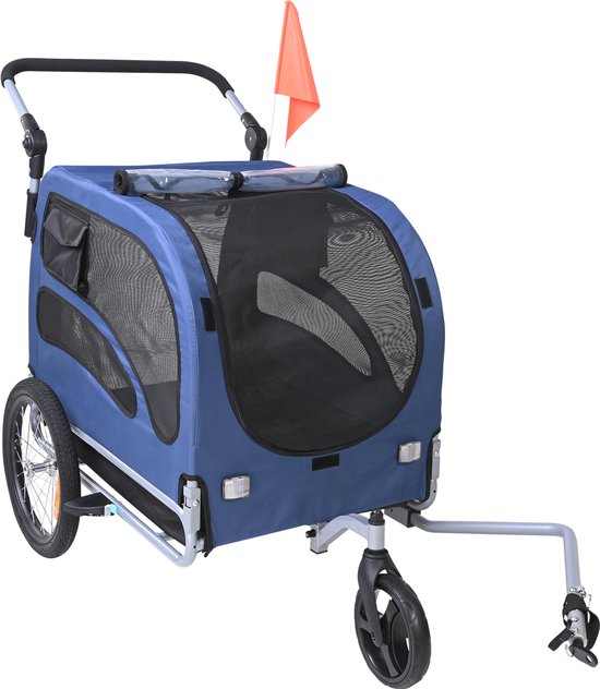 Fietskar 45 Kg, 2-In-1 Kinderwagen, Opvouwbaar, Universele Connector, Reflecterende Folie, Vlaggetje, Blauw/Zwart