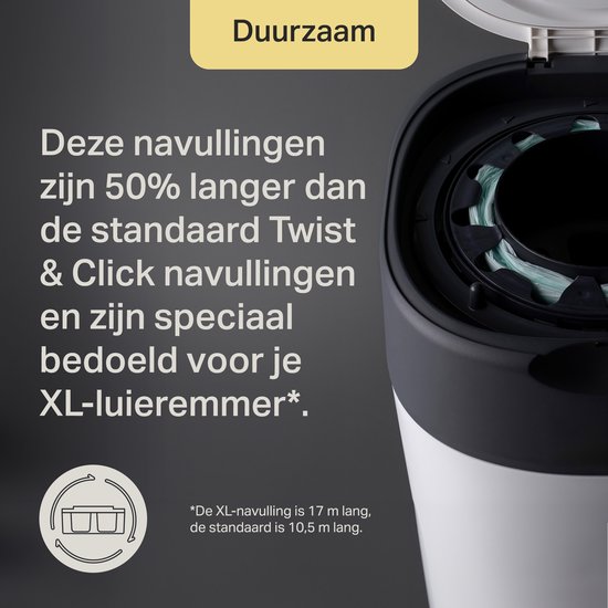 De binnenkant van een luieremmer met een rol met navullingen. Tekst: 'Duurzaam. Deze navullingen zijn 50% langer dan de standaard Twist & Click navullingen'.