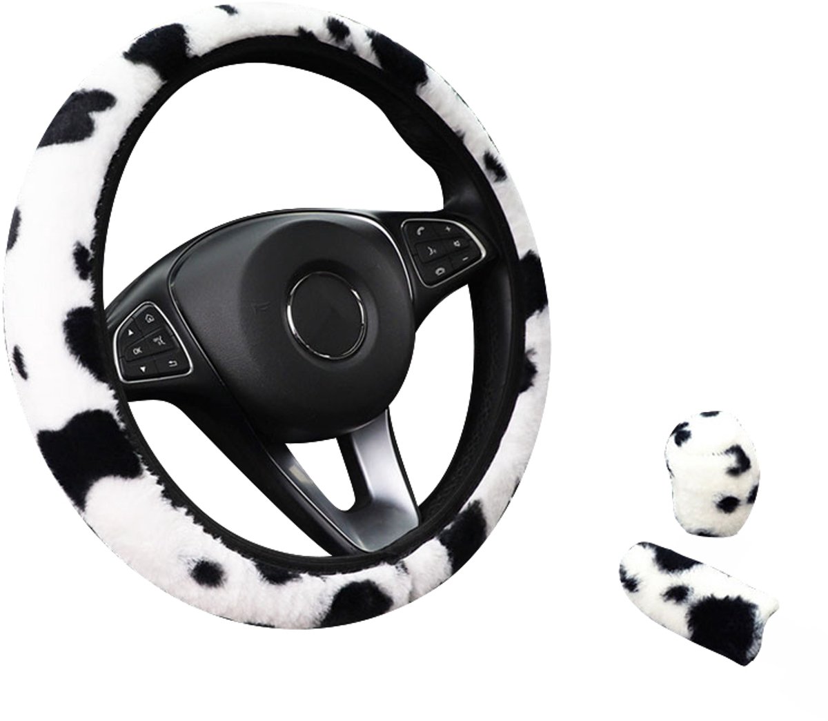 Stuurhoes Auto Set 37-39 cm - Pluche Koeienprint - 3-delig - Kasey Products
