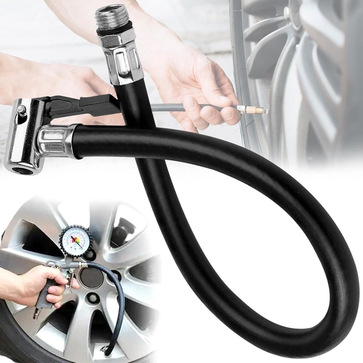 Allecto Plus - Universele Bandenpomp Slang 36cm - Adapter Ventiel Aansluiting - Auto Motorfiets Fiets - Reserve Luchtpomp Slang.