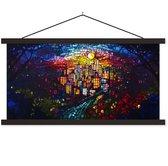 Posterhanger incl. Poster 60x30 cm - Schoolplaat - Stad - Maan - Mozaïek - Kleurrijk - Textielposter - Zwarte latten