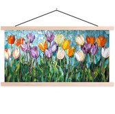 Posterhanger incl. Poster 60x30 cm - Schoolplaat - Mozaïek - Veld - Tulpen - Kleurrijk - Textielposter - Blanke latten