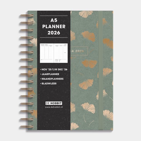 Hobbit - A5 Planner 2026 - A5 (21,7 x 15,5 cm) - Spiraalgebonden - 1 week over 2 pagina's - Harde Kaft - Ginkgo Goud