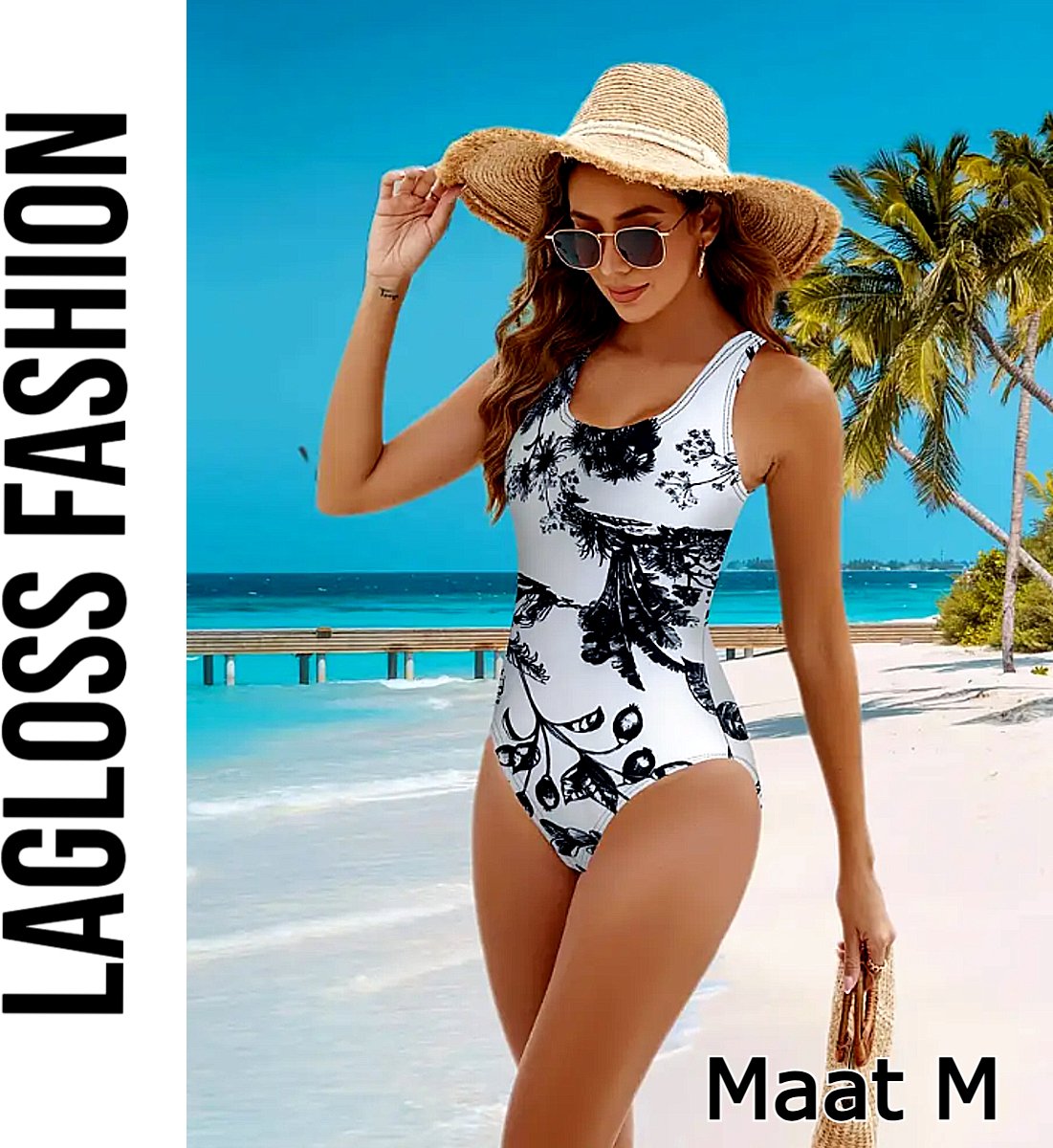 LaGloss® Badpak Dames – Zwart Wit Print – Eendelig Slankmakend Zwempak – Maat M