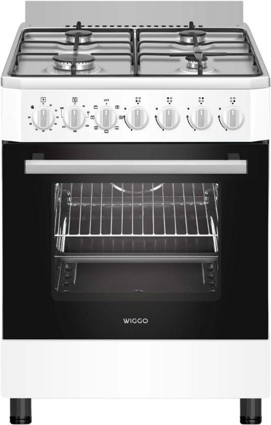 Wiggo WO-E605R(WX) – Vrijstaand gasfornuis – 60 cm – 4 kookzones – 56L elektrische oven – Wit Roestvrijstaal – Elektrische vonkontsteking & vlambeveiliging – Energieklasse A – 5 jaar garantie