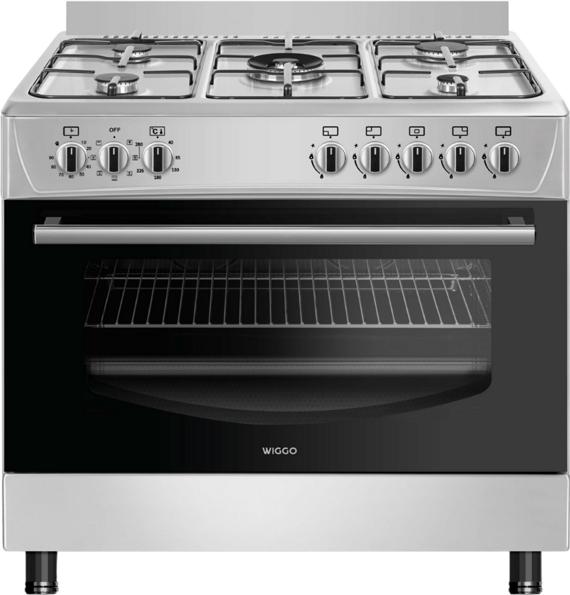 Wiggo WO‑E905R(XX) – Vrijstaand gasfornuis – 90 cm – 5 kookzones met wokbrander – 110L elektrische oven – Roestvrijstaal – Elektrische vonkontsteking & vlambeveiliging – Energieklasse B – 5 jaar garantie