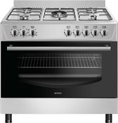Wiggo WO‑E905R(XX) – Vrijstaand gasfornuis – 90 cm – 5 kookzones met wokbrander – 110L elektrische oven – Roestvrijstaal – Elektrische vonkontsteking & vlambeveiliging – Energieklasse B – 5 jaar garantie