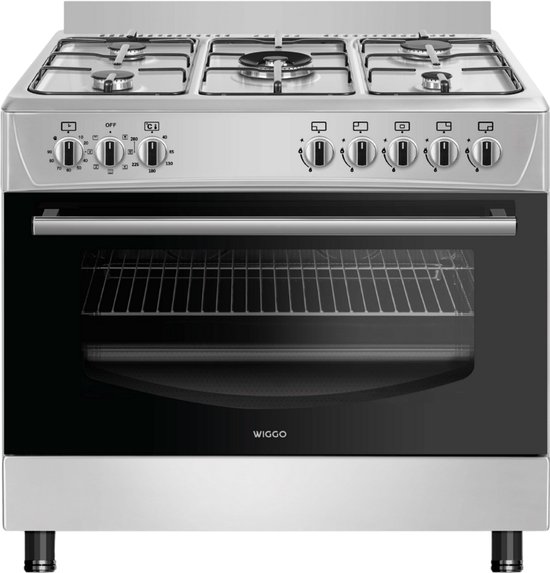 Wiggo WO‑E905R(XX) – Cuisinière à gaz pose libre – 90 cm – 5 zones de cuisson avec brûleur wok – Four électrique 110 L – Acier inoxydable – Allumage électrique par étincelle et protection contre les flammes – Classe énergétique B – Garantie 5 ans
