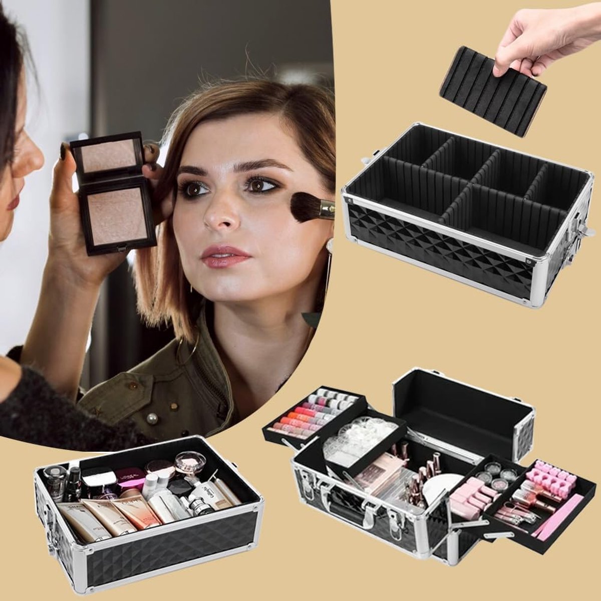 RFWR® 3-in-1 professionele cosmeticakoffer met afneembare wielen en driehoekig ontwerp