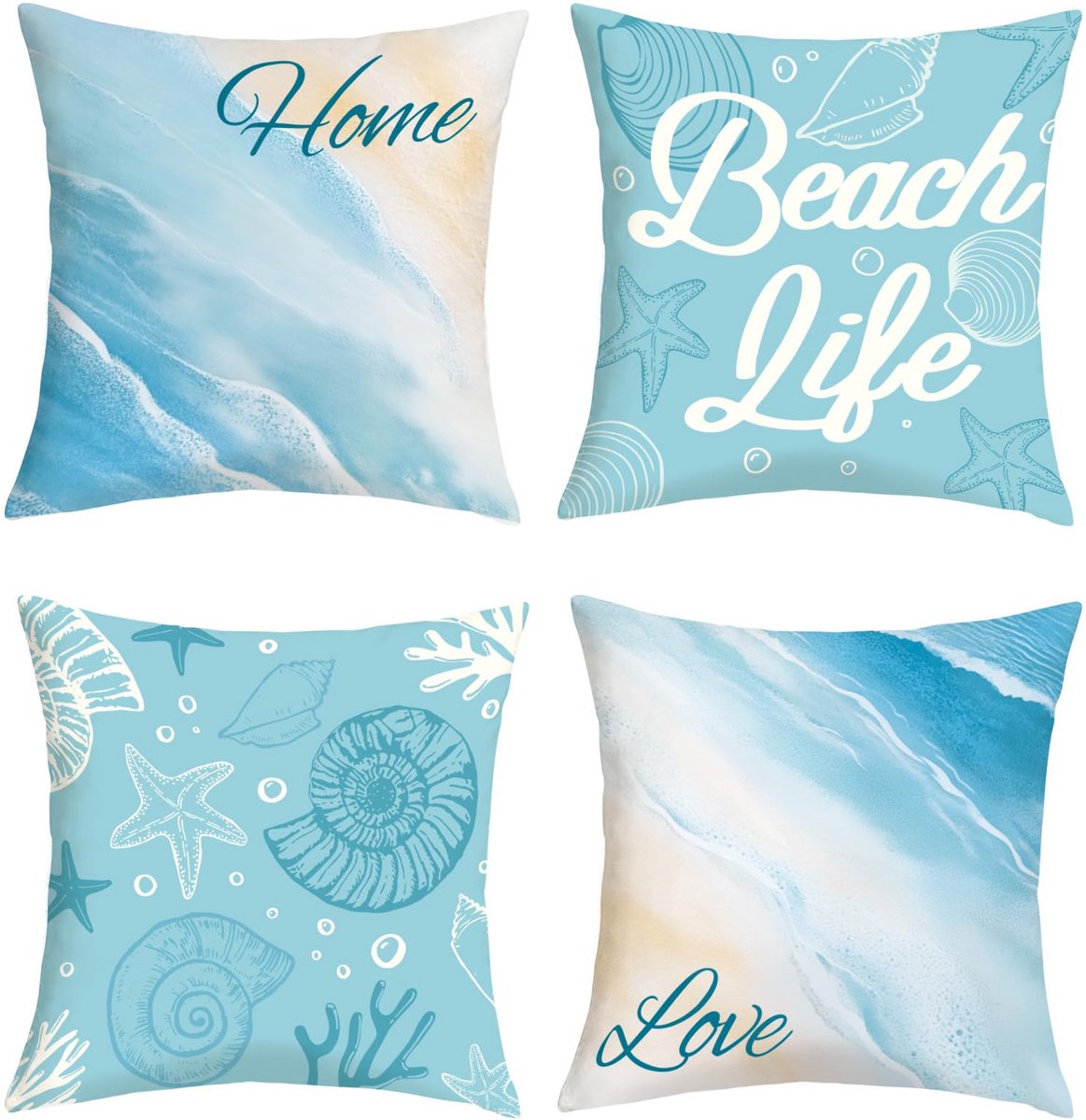 Ibenzoa Kussenslopen Set van 4 voor Zomerdecoratie in Blauw en Strandthema, 45 x 45 cm, Fluweelzacht
