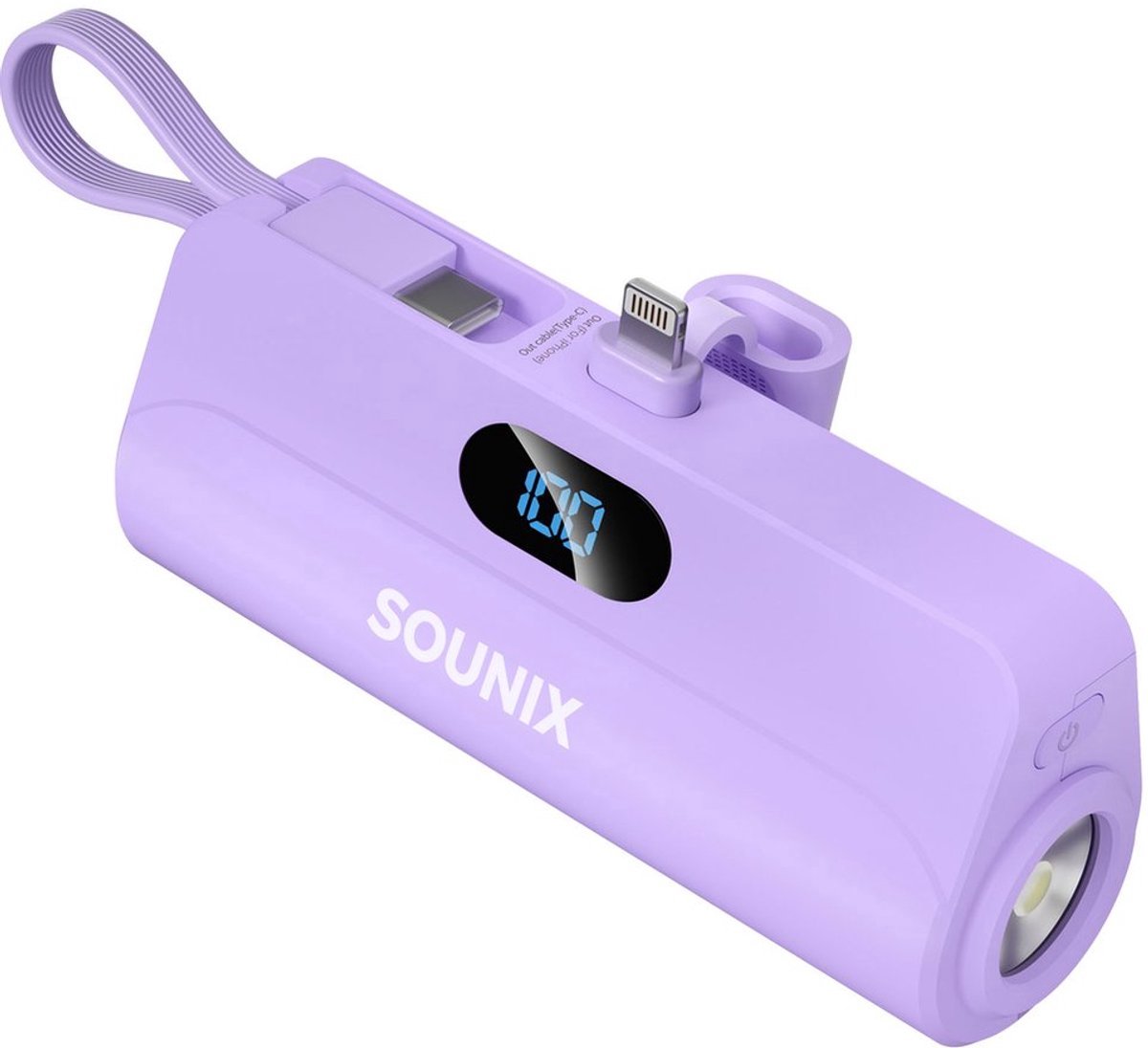 Sounix mini Powerbank met Zaklamp - 5.000 mAh - Lightning/USB-C - Snellader & batterij LED-display - 12 Watt - Paars