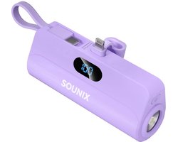 Sounix mini Powerbank met Zaklamp - 5.000 mAh - Lightning/USB-C - Snellader & batterij LED-display - 12 Watt - Paars