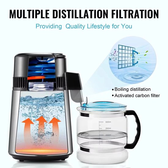 Distillateur d'eau - Distillateur Water - Distillateur automatique - 4 L - 750 W - 220 V - Avec filtre à charbon - Distillateur - Production Water Zuiver - Idéal pour un usage domestique - Rouge