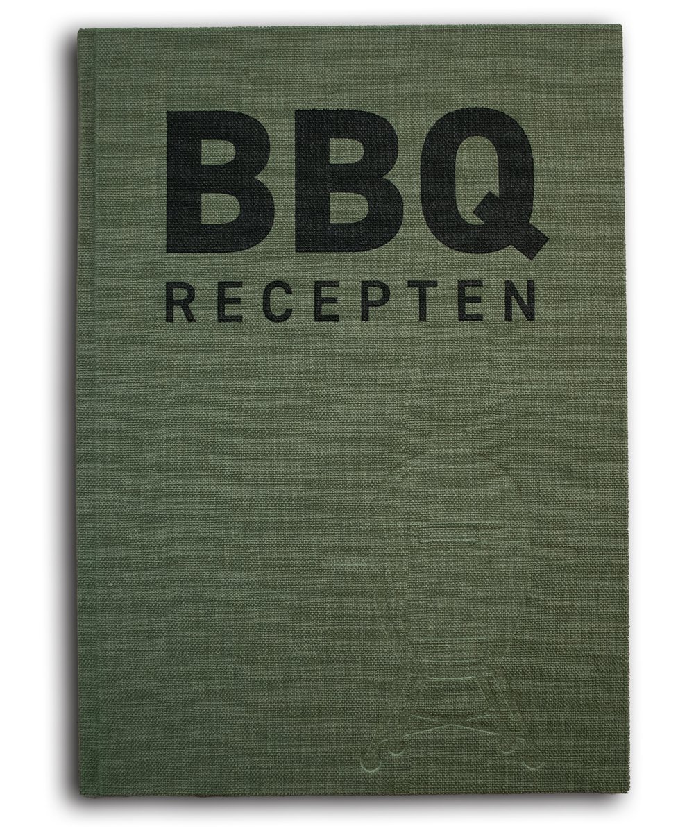 BBQ Receptenboek invulboek - Kamado receptenboek zelf invullen - cadeau tip BBQfan - BBQ recepten bewaren - Luxe groen gecoat linnen omslag met zwarte opdruk en reliëfdruk