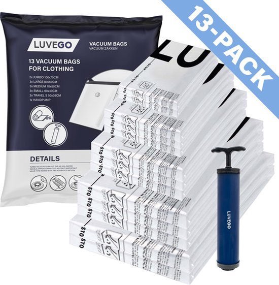 Luvego Vacuumzakken Kleding & Dekbedden - 14 Stuks / 5 Maten - Reiszakken Vacuum Opbergzakken Incl. Handpomp