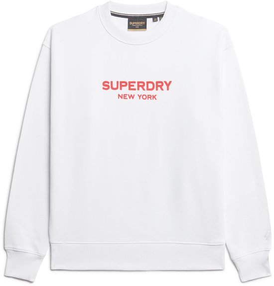 Sweat Superdry blanc avec l'inscription rouge "SUPERDRY NEW YORK" sur la poitrine.