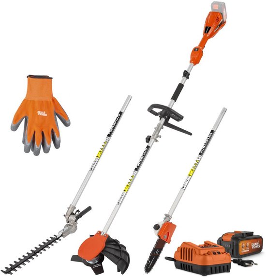 4-in-1 tuin multitool 40V borstelloos met haagschaar, grastrimmer, bosmaaier, kettingzaag en batterij