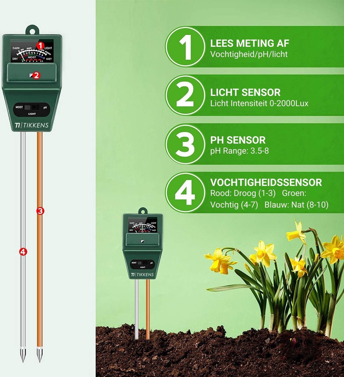 6-in-1 Digitale tester voor grond én vloeistoffen – pH, EC, licht, vocht, bemesting en temperatuur