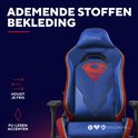 Blauwe Superman gaming stoel met ademende stoffen bekleding en PU-leren accenten, rood-gele bies.