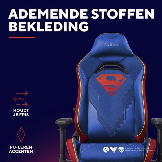 Blauwe Superman gaming stoel met ademende stoffen bekleding en PU-leren accenten, rood-gele bies.