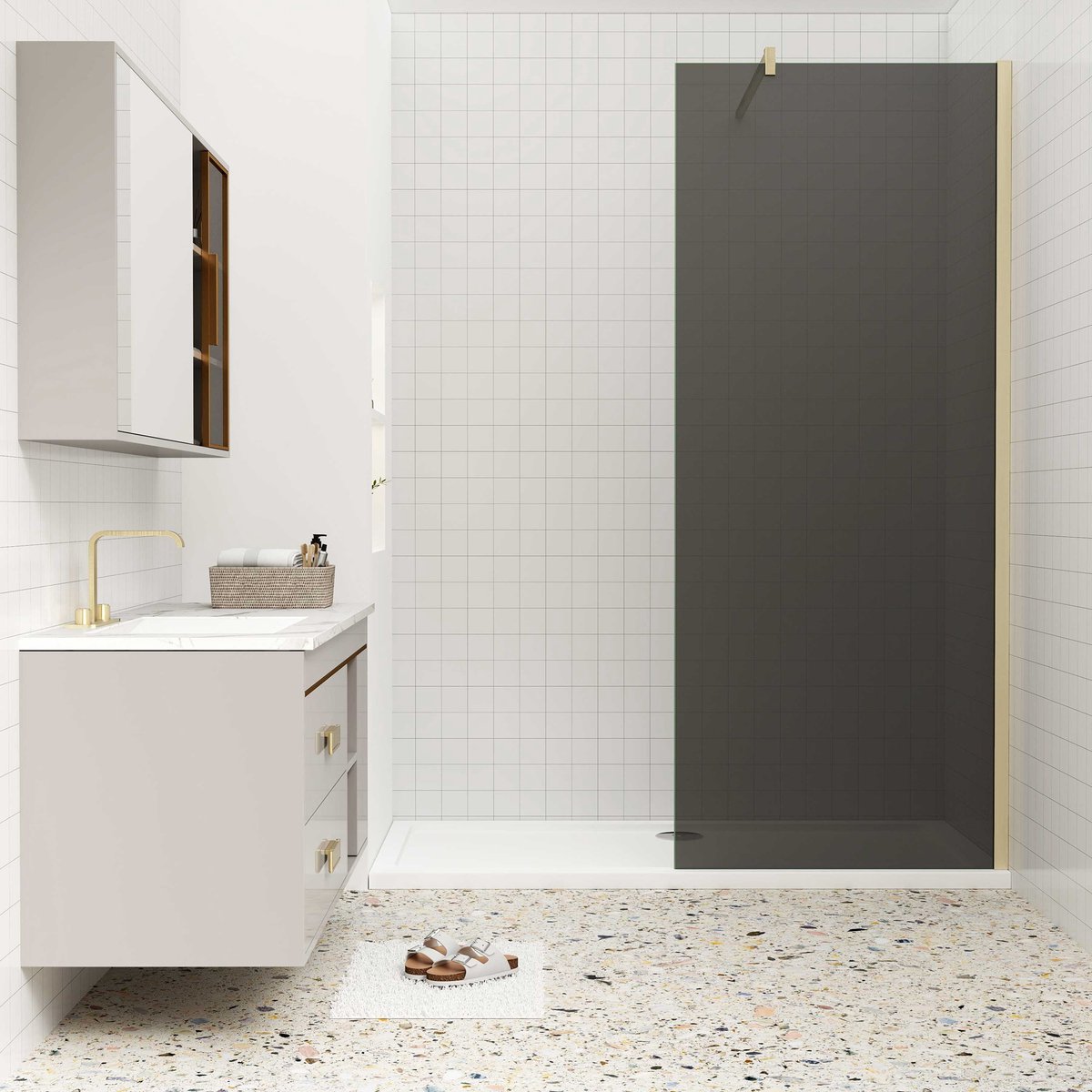 Inloopdouche 100x200cm met zwart folie,10mm NANO EasyClean veiligheidsglas,F-vorm: 140cm Stabilisatiestang,gouden profiel.