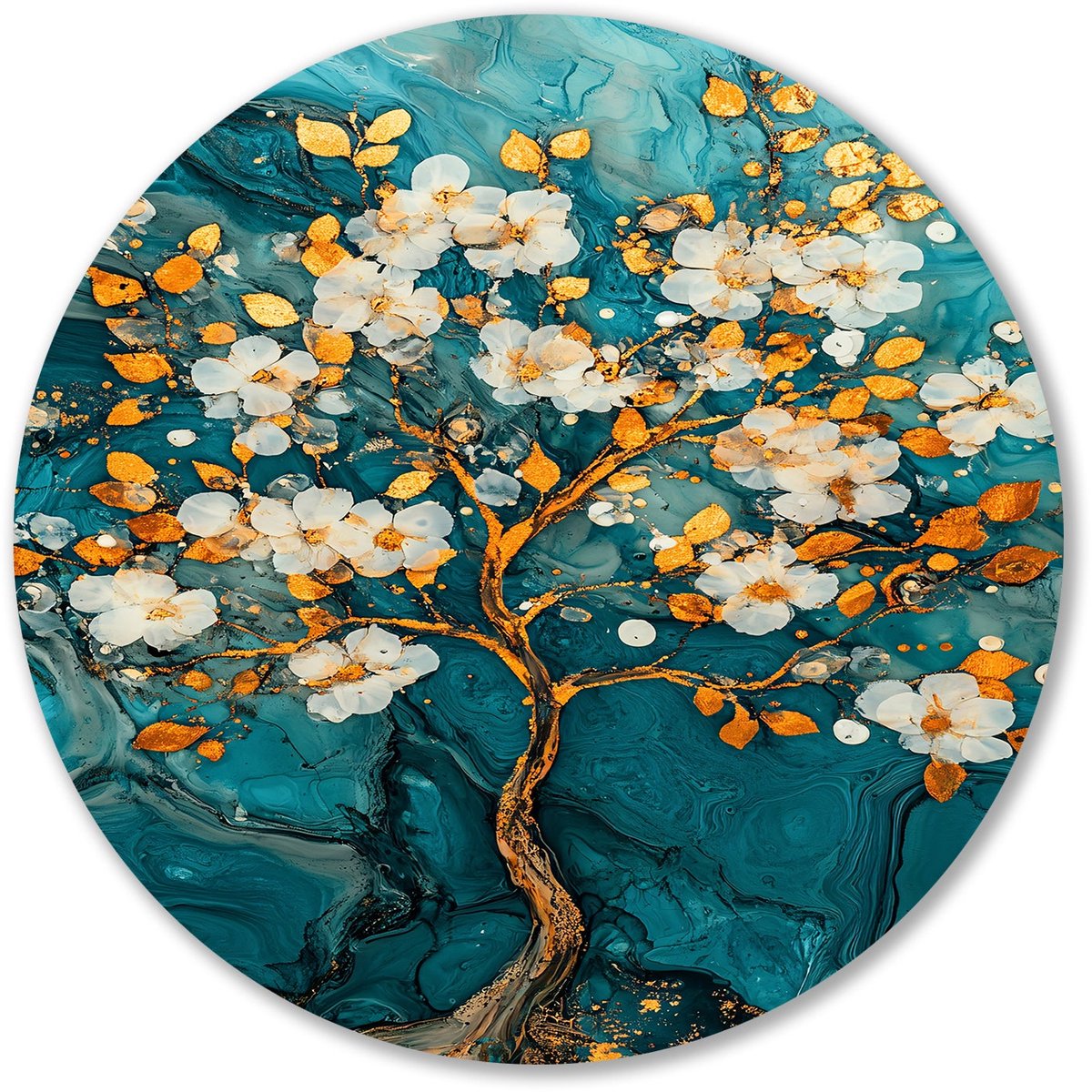 Abstracte gouden boom met bloemen - Boom muurcirkel - Ronde wandprint bloemen - Abstracte