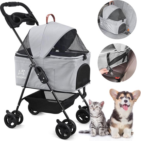 cadciehe Opvouwbare kinderwagen voor huisdieren, opvouwbare kinderwagen voor huisdieren, 4 wielen voor kleine en middelgrote puppy's, met opbergmand en bekerhouder