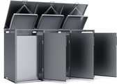 Drie grijze containerkasten met open klapdeksels, zilverkleurige handgrepen.