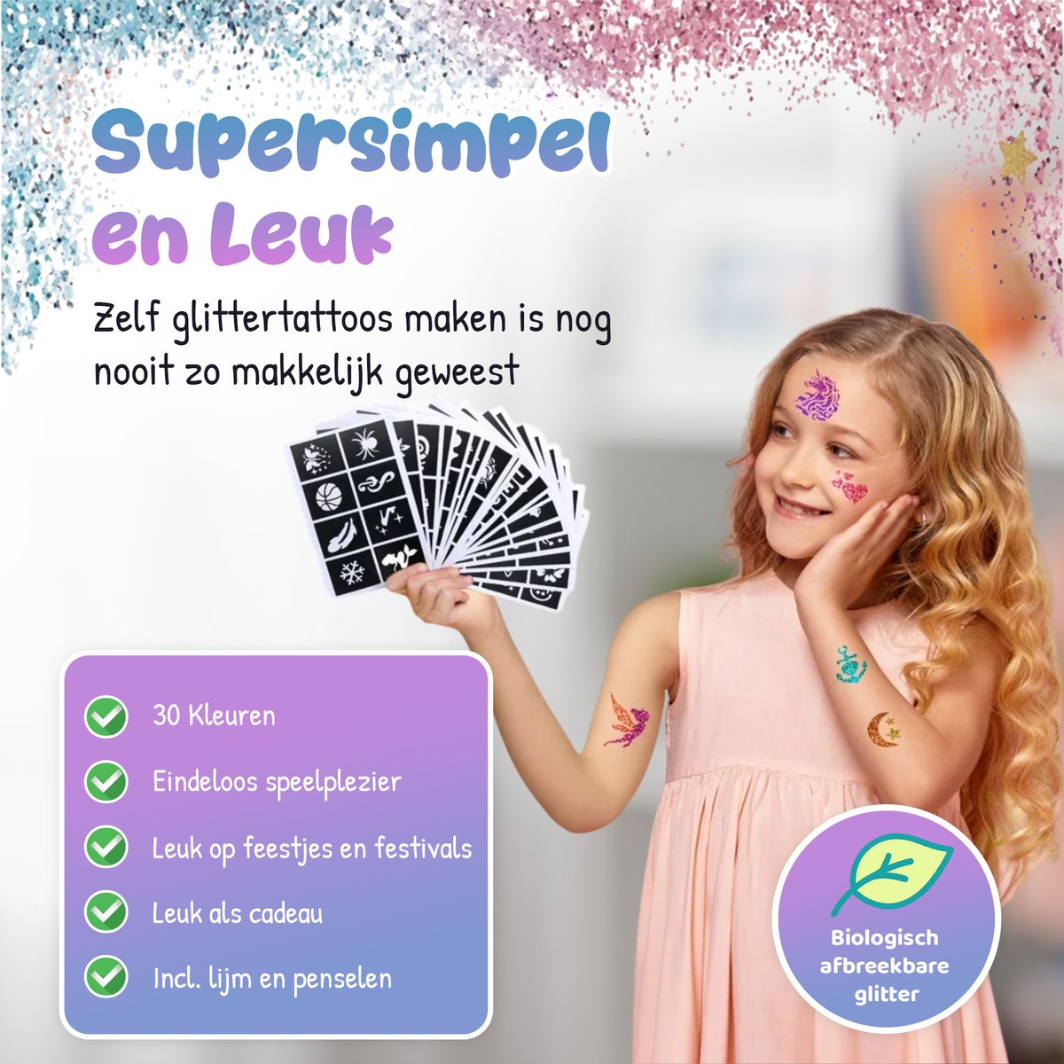 Craftiverse - Glitter Tattoo Set Compleet - 212 Sjablonen - 30 kleuren - Biologisch Afbreekbare Glitters - Schmink Sjablonen - Knutselpakket - Knutselen voor Kinderen - Huidlijm Voor Glitters - Kinderen - Jongens en Meisjes - Inclusief Handleiding — afbeelding 9