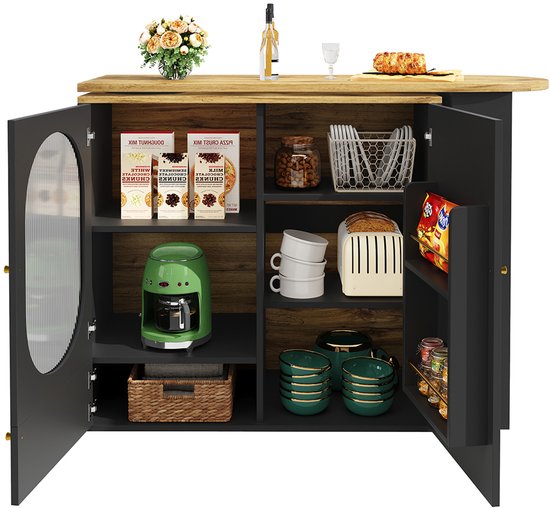 Table De Bar Rotative 360° Avec Rangement - 138x39x105 Cm, Blanc, 3 Portes, étagères, Meuble Cuisine/salon