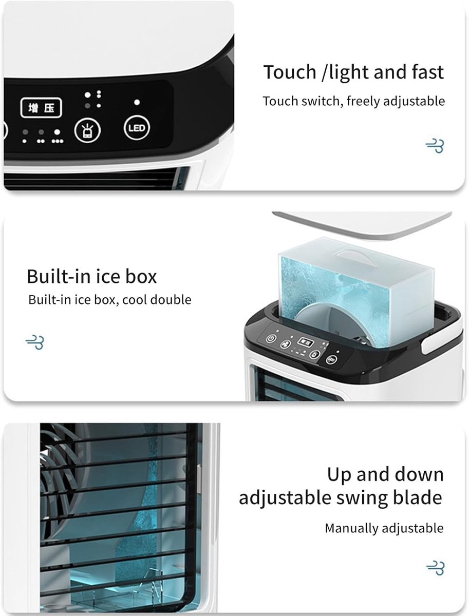 Luchtkoeler - Mini draagbare airconditionerventilator - Geruisloze verdampingsluchtbevochtiger - Airco-unit - 3-in-1 bureau-luchtkoeler met 3 windsnelheden - Koele mist - Bureaukoeler met 7 led-lampjes voor thuis, op reis of op kantoor thumbnail 7