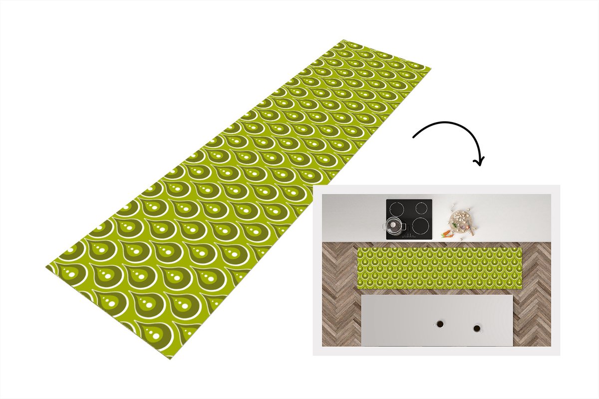 KitchenYeah Keukenloper 240x60 cm - Keukenmat vinyl Patronen - Retro - Regen - Druppel - Groen - Keukenmatten loper - Keuken vloerkleed tapijt