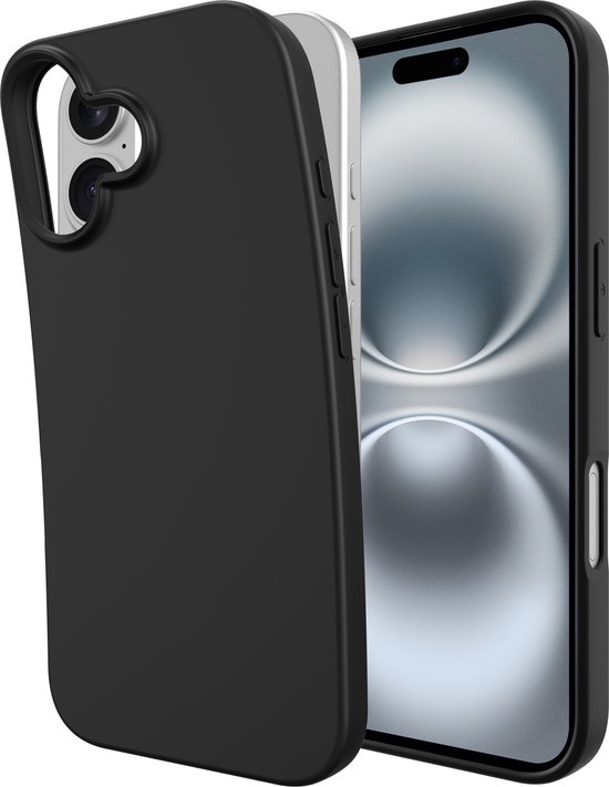 Zwarte TPU hoesje wordt op een iPhone 14 geplaatst. Het hoesje heeft een matte afwerking.